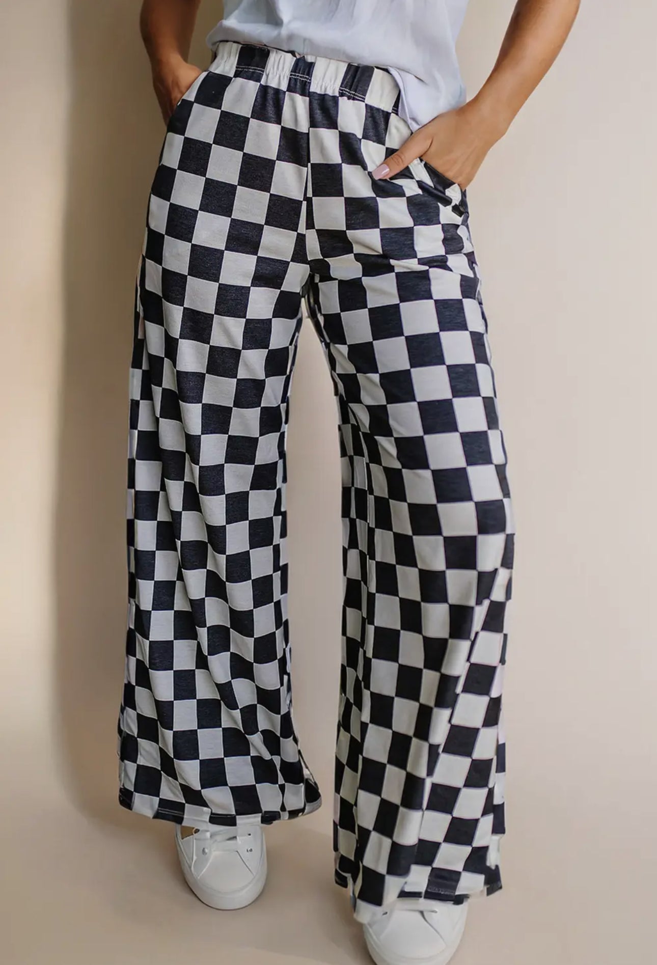 Checkered Print High Waist Wide Leg Pants