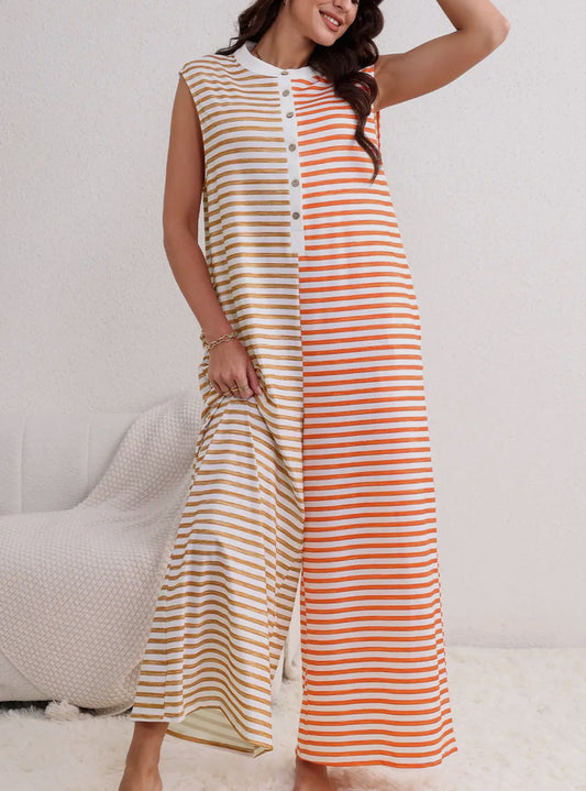 BUTTON FRONT STRIPE JUMPSUIT