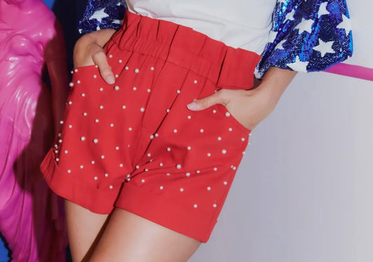 High Waisted Red Pearl Shorts